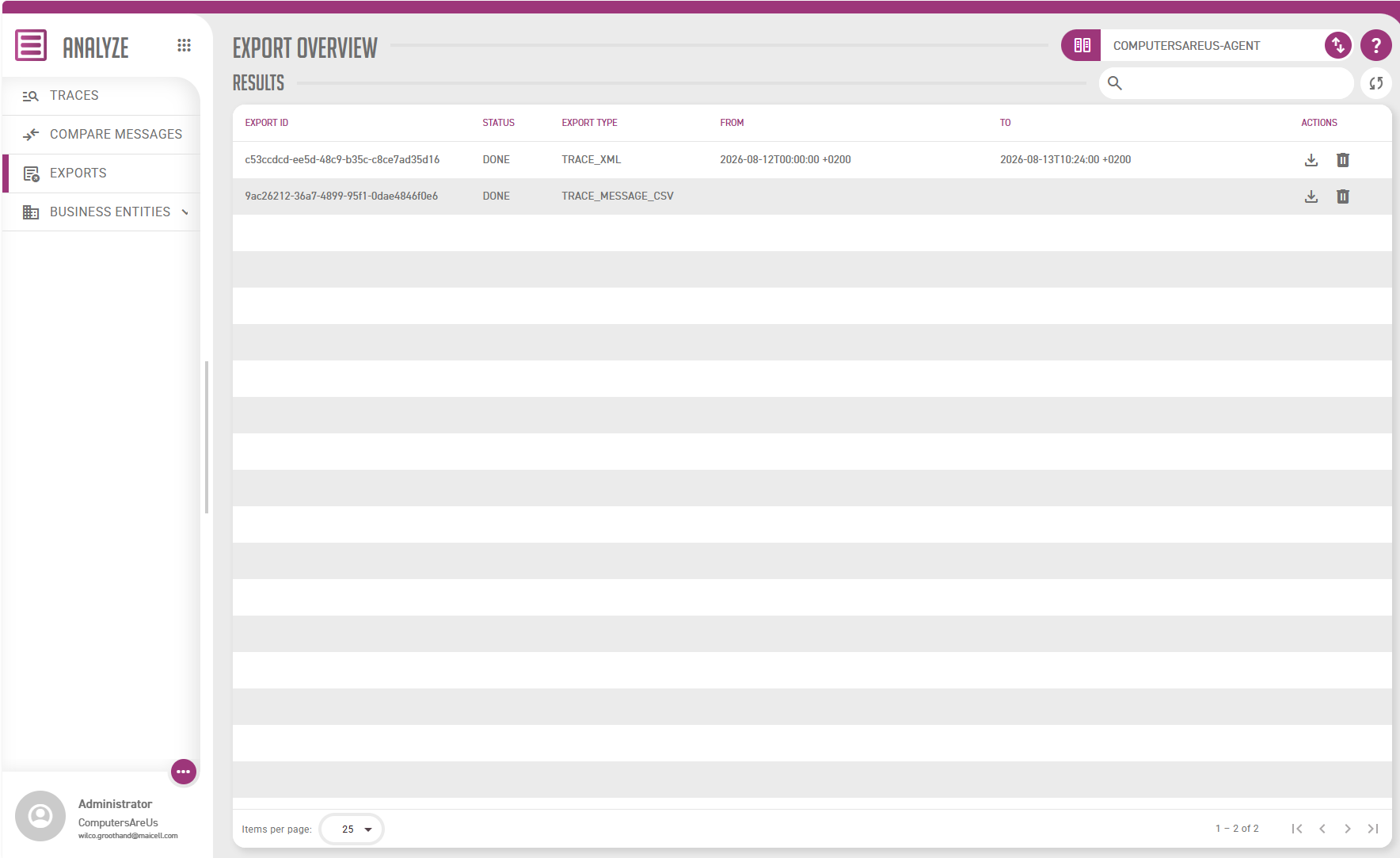 The Exports screen