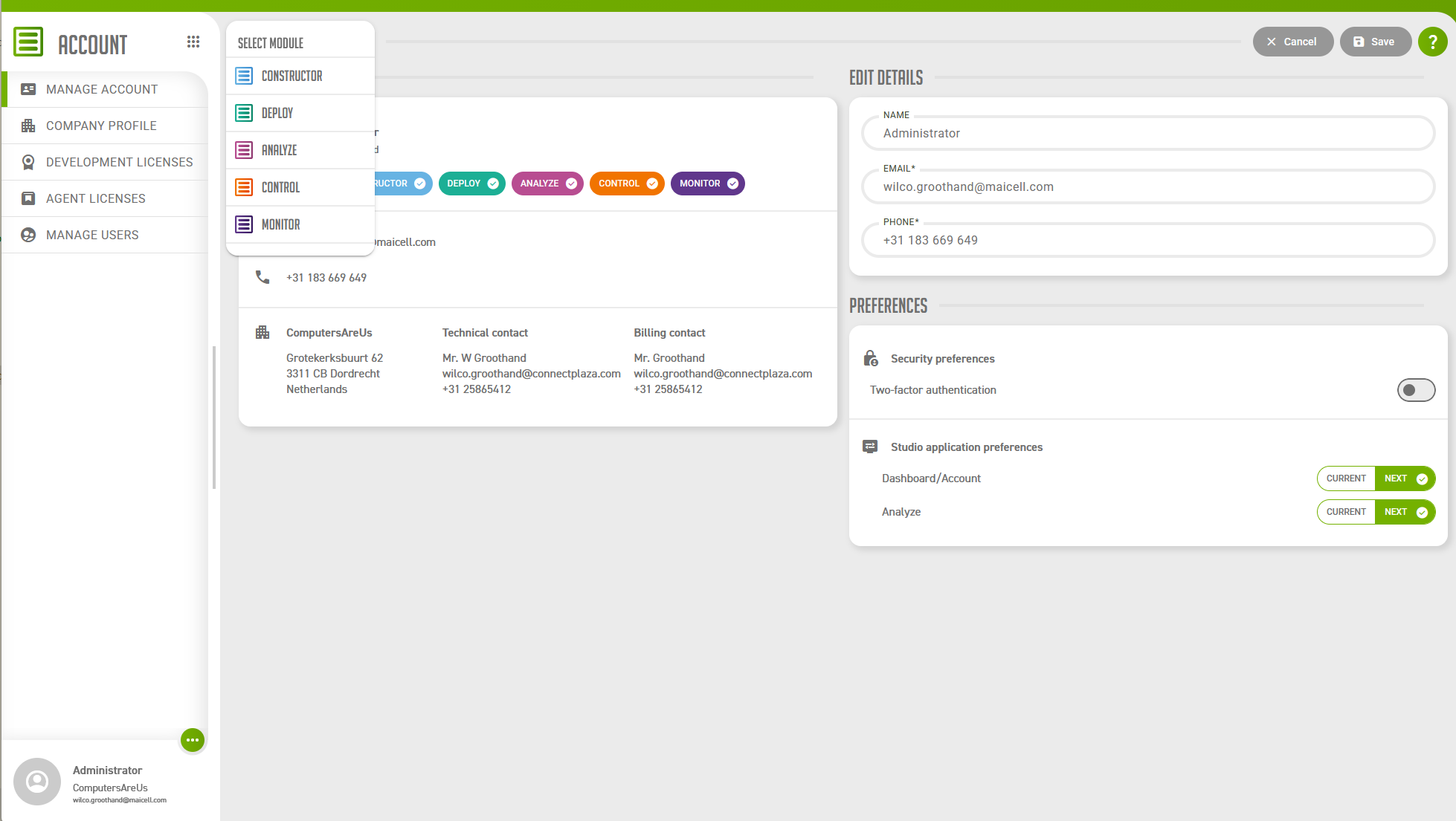 Selecting Analyze from the Account menu