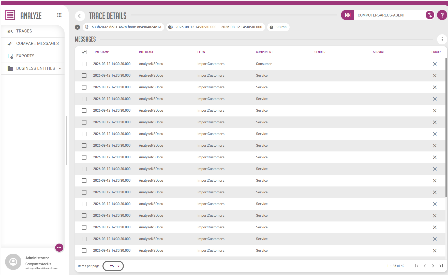 The trace detail screen