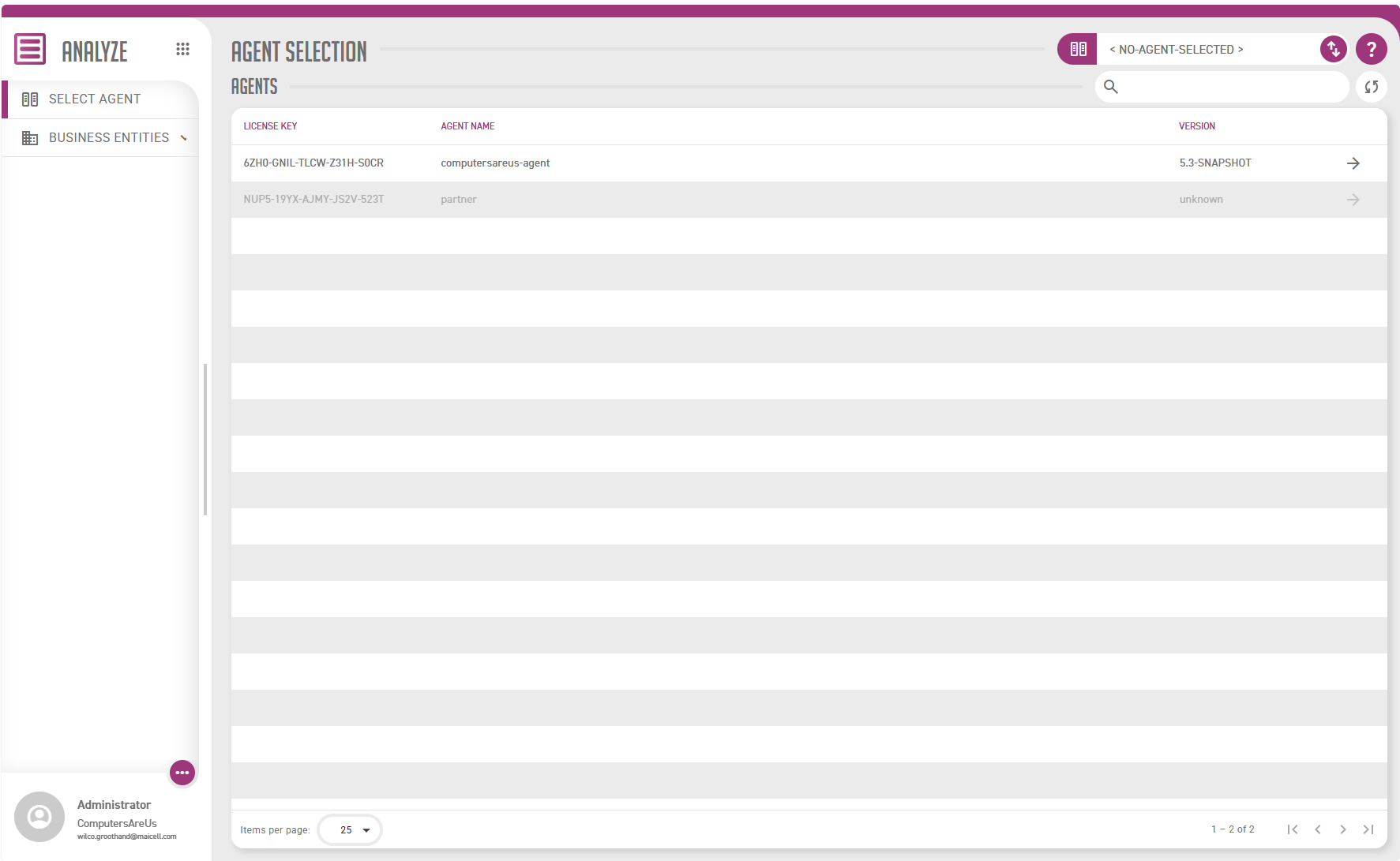 The Agent Selection screen