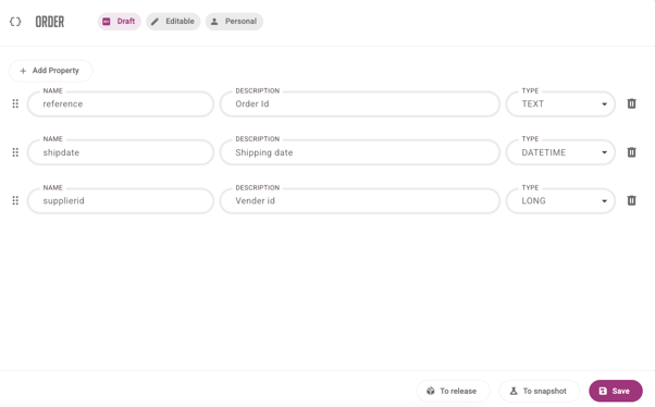 The Business Entity Editor showing a Draft
