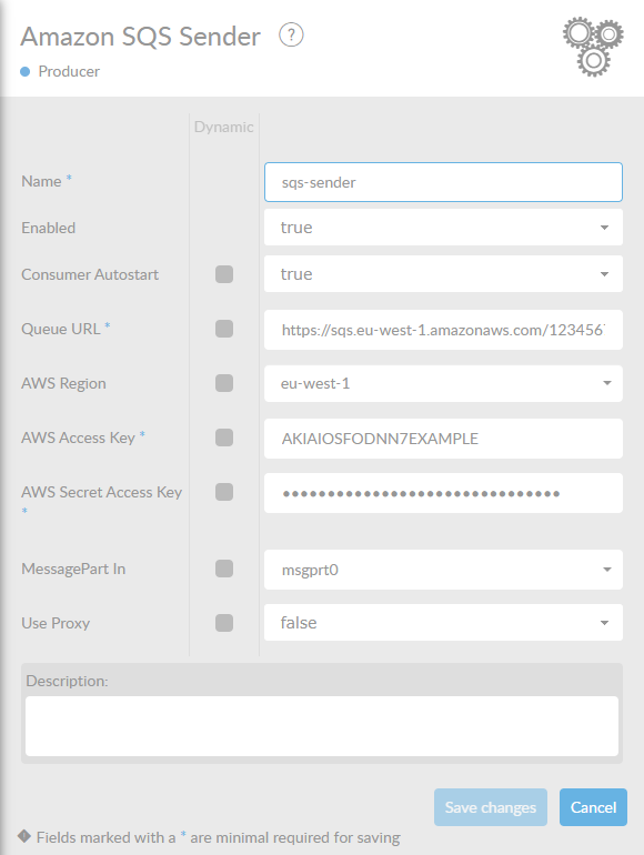 The Amazon SQS sender properties