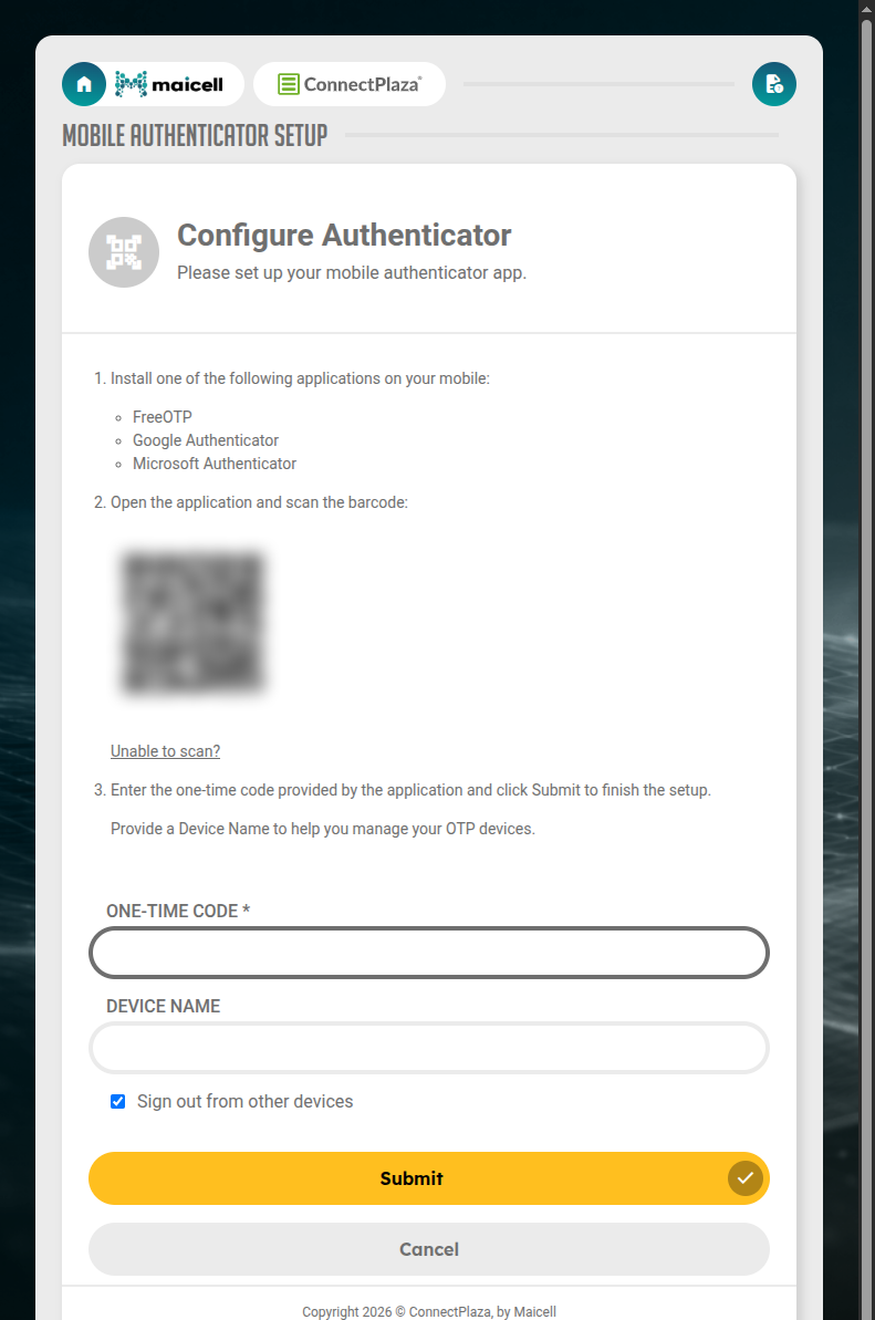 The Configure Authenticator window with the barcode