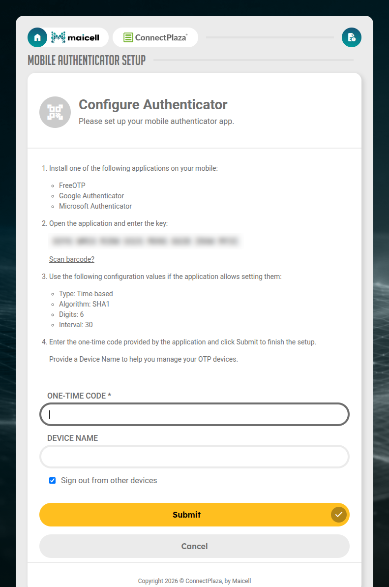 The Configure Authenticator window with the key