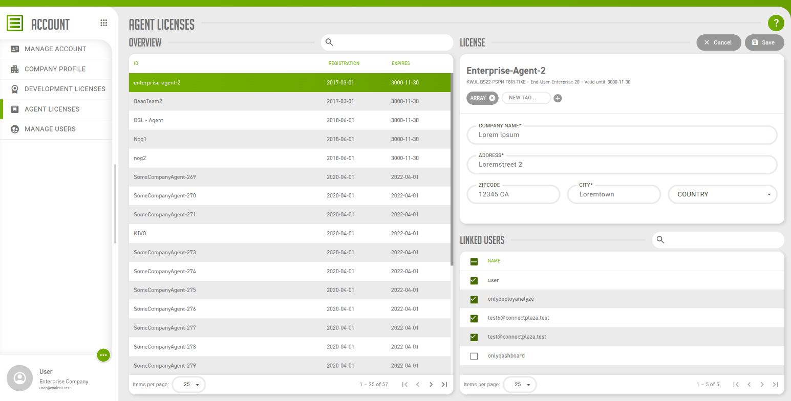 The Agent licenses screen with a license selected