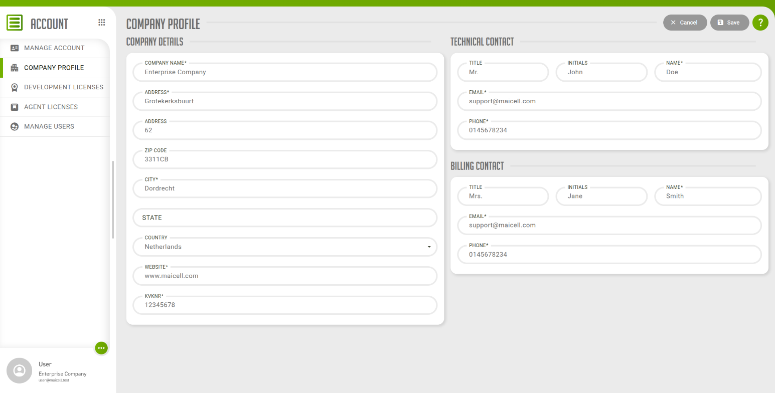 The Company profile screen