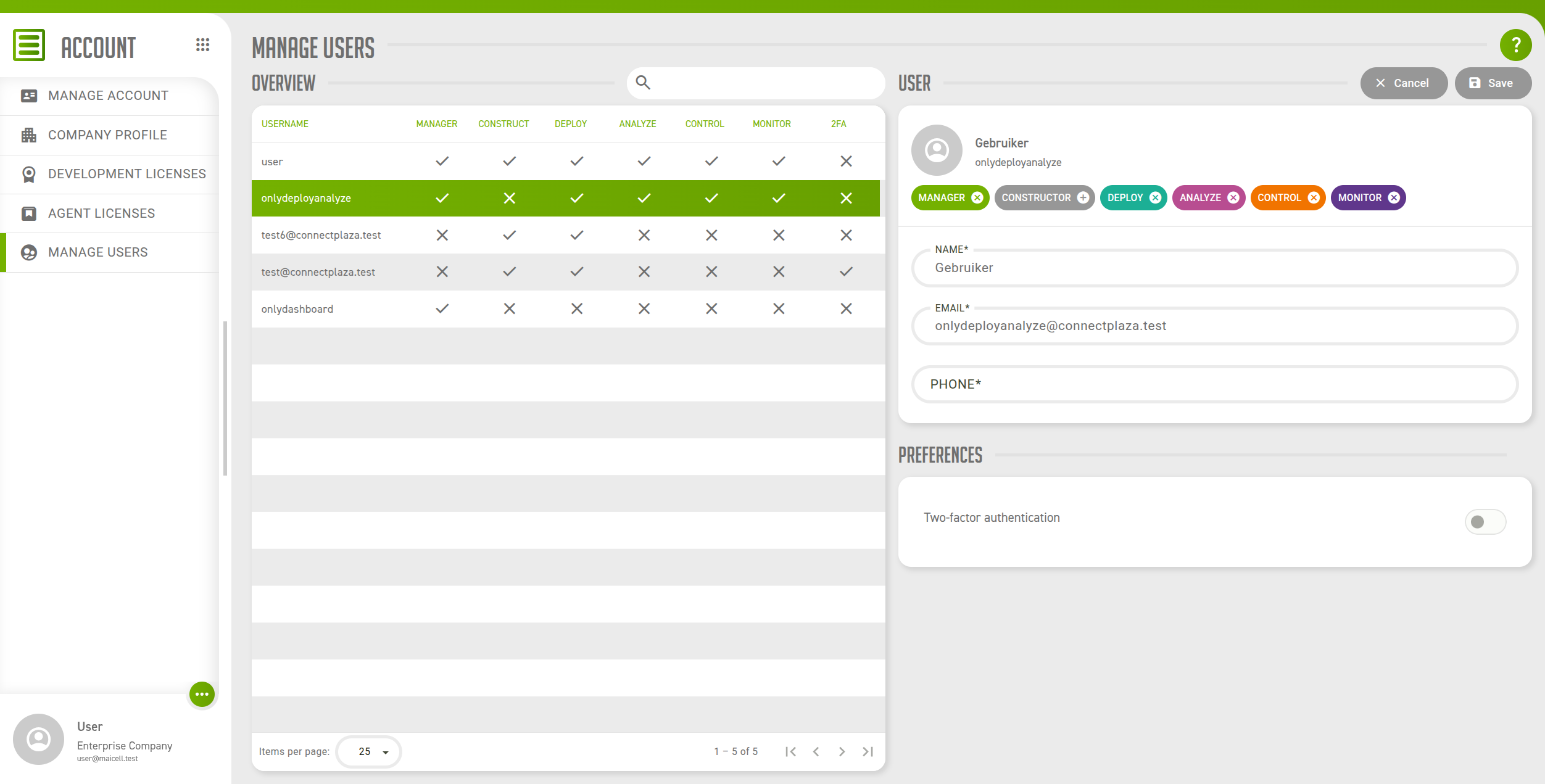 The Manage users screen with a user selected
