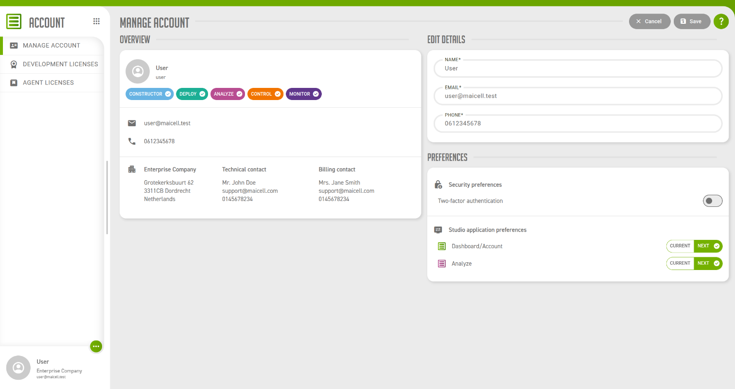 The Manage account screen that Account opens on
