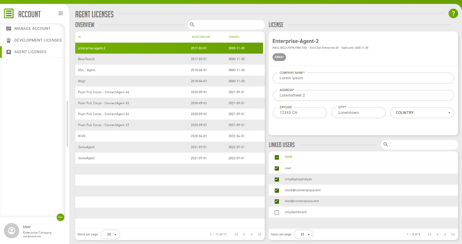 The Agent licenses screen with a license selected